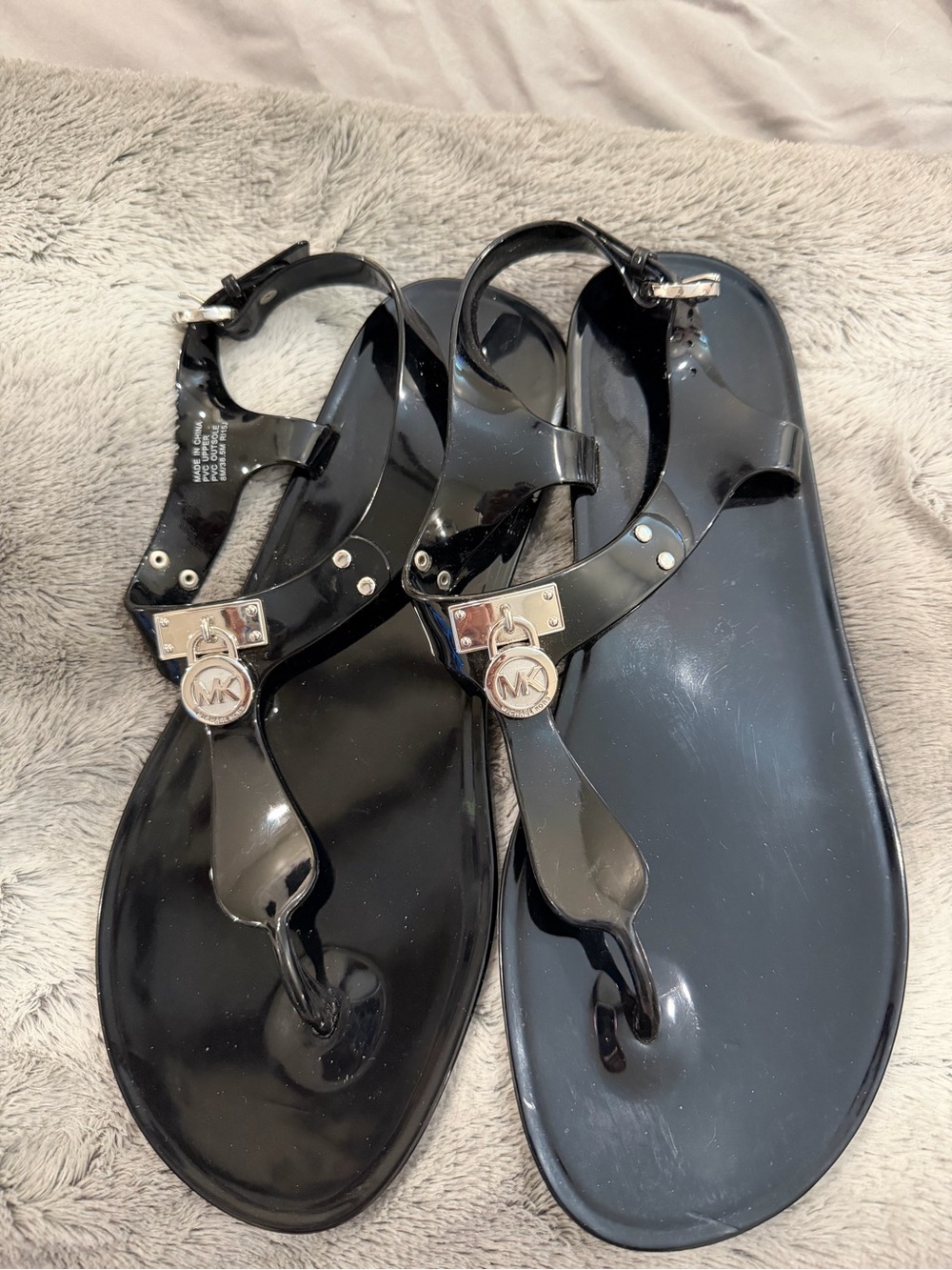 Michael Kors Black Gloss Jelly Thong Sandals with Silver MK Charms